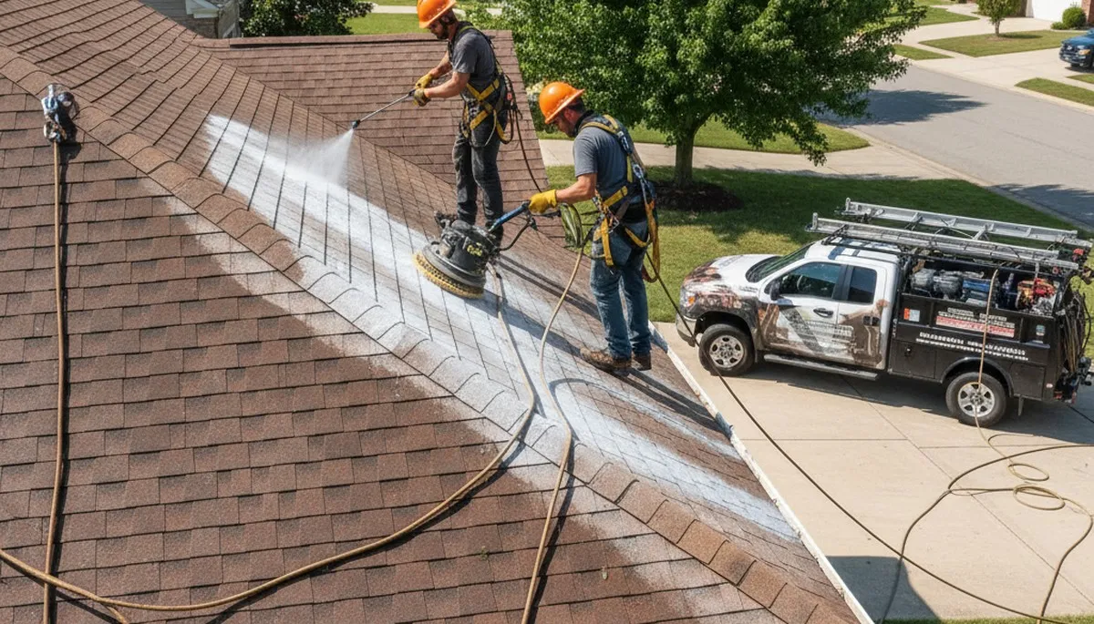Roof cleaning service in Pittsburgh, PA removing moss and algae from a home roof